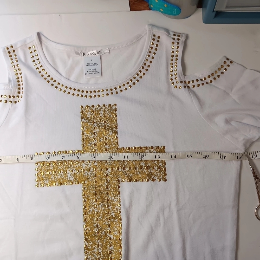 NWOT Top blouse Western Off Shoulder K.jordan white gold studs Cotton Casual S. - Picture 13 of 14